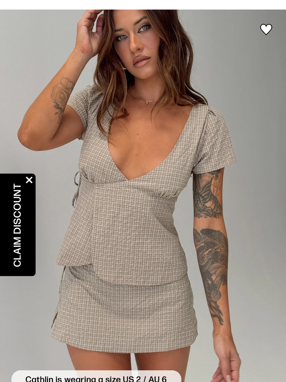 Princess Polly Beige Gingham Short Sleeve Wrap Skirt Set